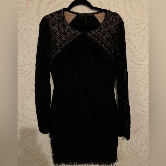 BCBG Maxazria Velma Black Dress Women's Size M Tiered Fringe Lace Long Sleeve - Picture 6 of 9